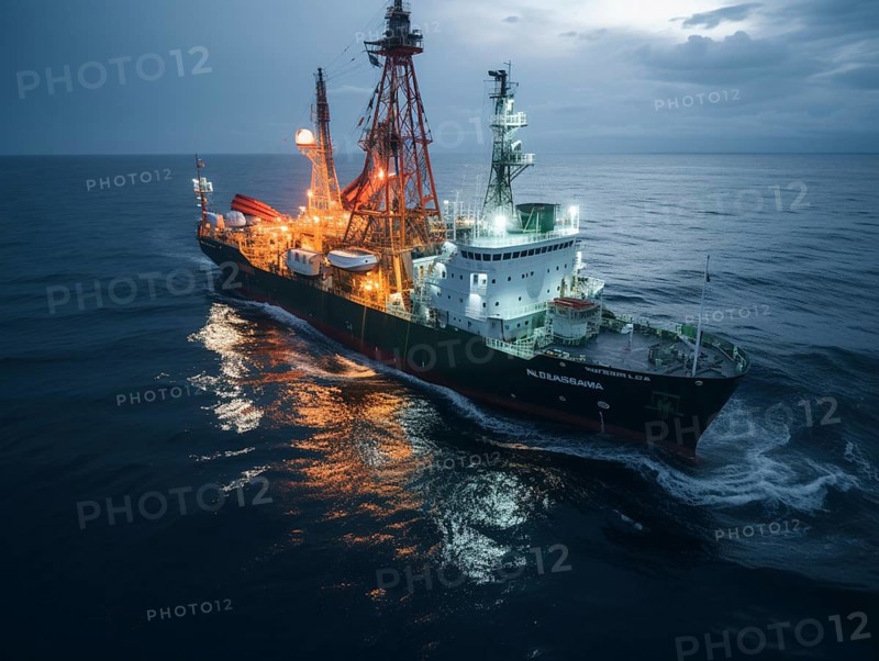 Twilight scene with an offshore drilling ship cruising through the ocean