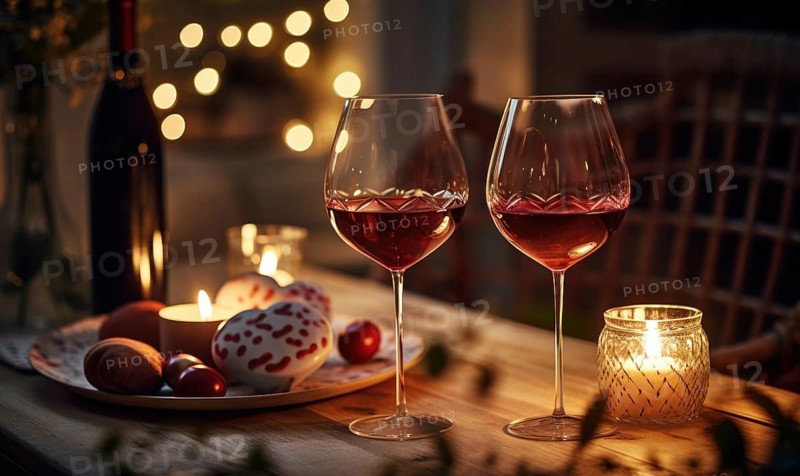 Warm romantic dinner settings with wine glasses