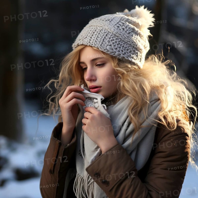 Blonde woman sneezing into a tissue