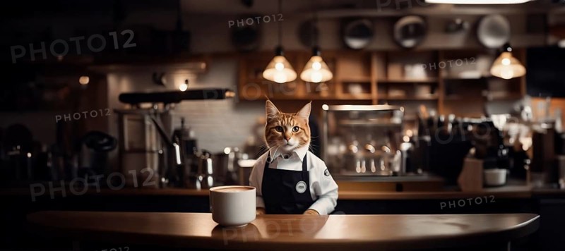 Cat barista in a coffee shop in a barista uniform