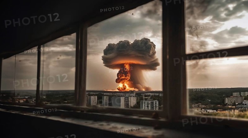 Nuclear explosion in the city view from the window