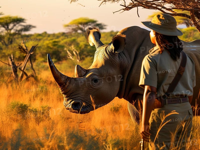 A female ranger in uniform walking behind a rhinoceros at sunset