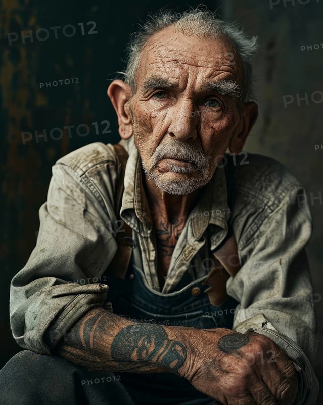 Old man marked by hard labour with tattoos and deep wrinkles on his face