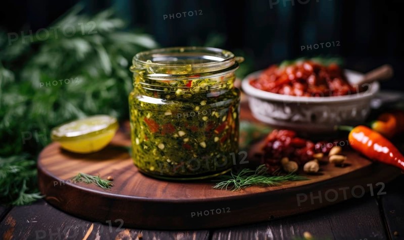 Pesto sauce with fresh herbs and spices on dark background AI generated