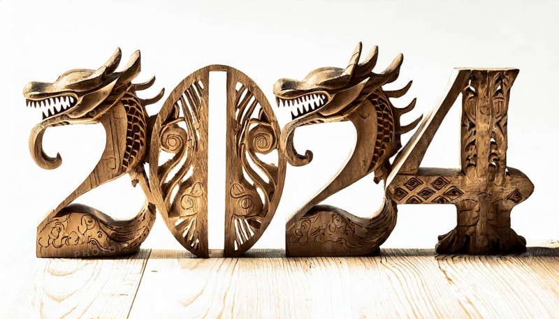 Happy new year 2024 with wood carved numbers in shape of wooden dragons symbol isolated on white background. AI generated art