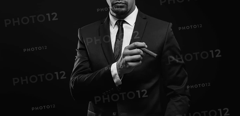 Image of an adult stylish man in a suit with a cigar. Cigar clubs concept.