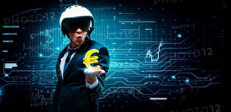 Portrait of a man in a suit and helmet. He put out a palm in which an electric charge and a euro sign. Business concept. Stock market. Brokers and traders.