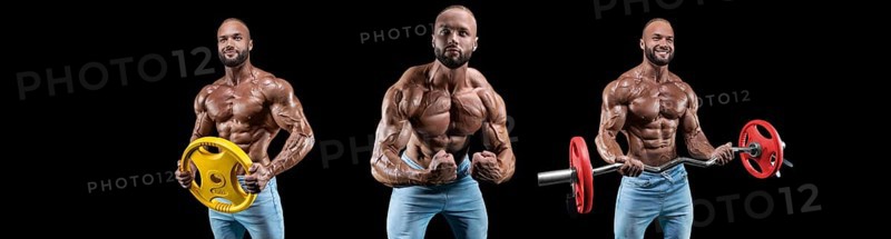 Set of three sexy muscular men wearing jeans. Posing on a black background with dumbbells and barbells. Bodybuilding and fitness concept.