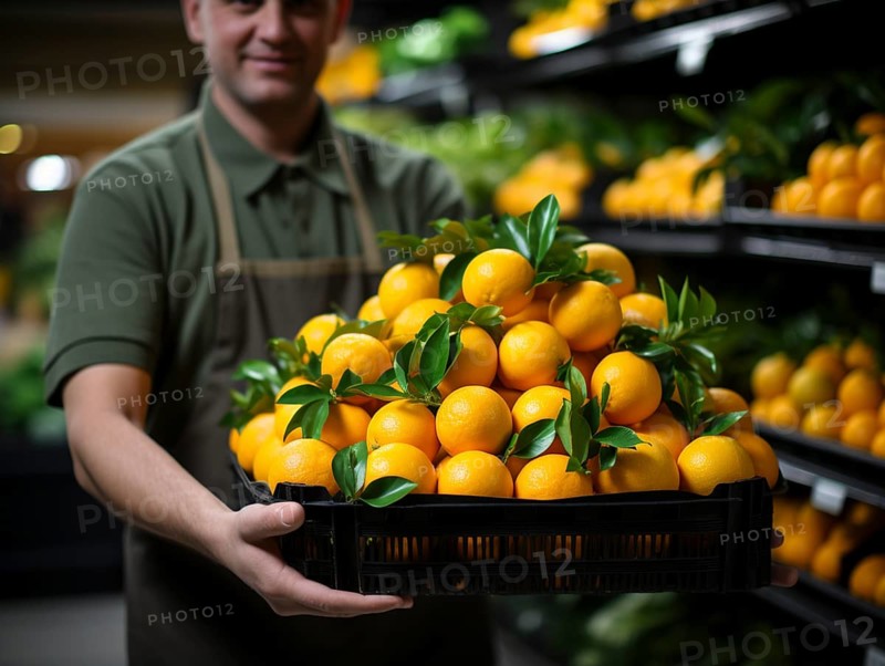Friendly shopkeeper holding a basket full of fresh oranges