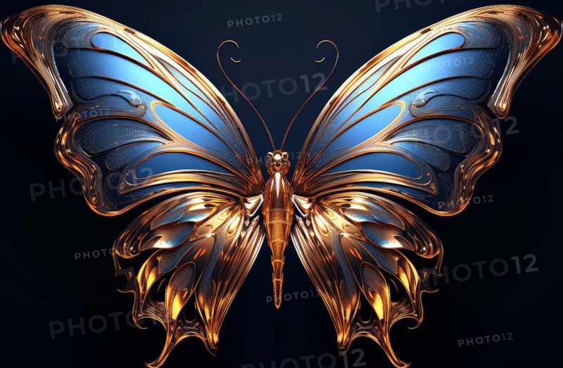 Stylized glass butterfly with glowing wings on a dark background AI generated