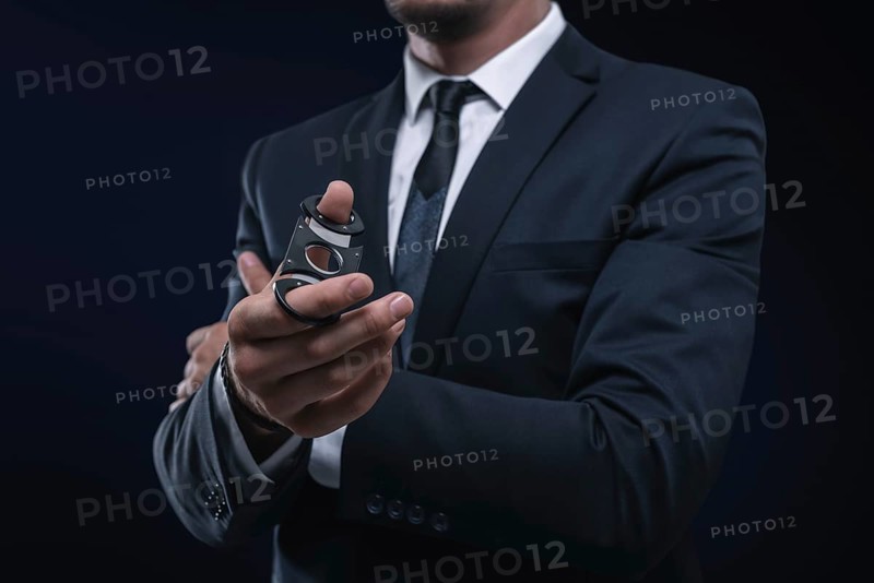 Image of an adult stylish man in a suit with a cigar. Cigar clubs concept.