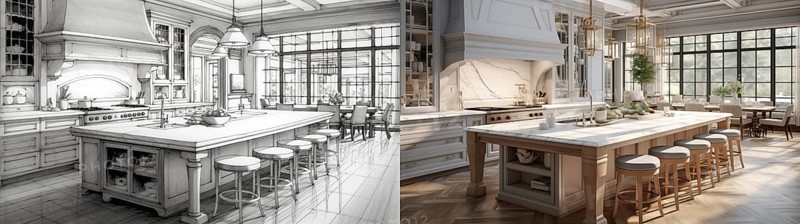 Concept design drawing to a finished renovation of a residential kitchen interior. generative AI