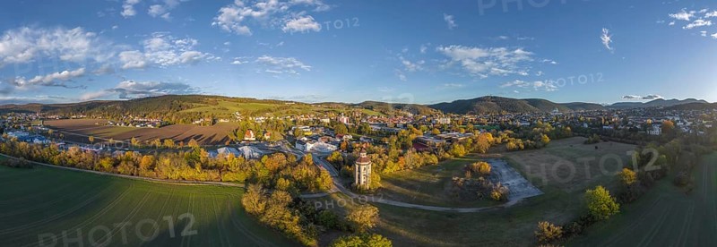 Aerial view of the water tower and villages of Pottenstein and Berndorf