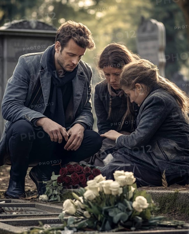 Family sits sadly at the gravestone