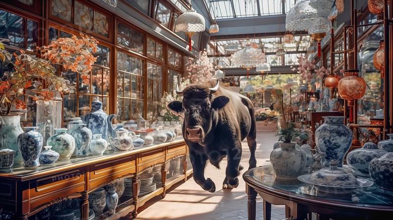 Very large bull with horns in a China shop filled with glassware. generative AI