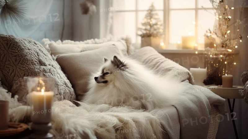Pomeranian Spitz dog with wool blanket on sofa at home AI generated