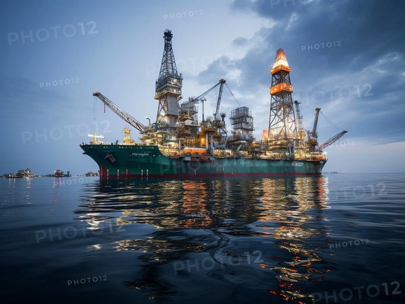 Night view of an offshore drilling ship with bright lights reflecting on ocean waters