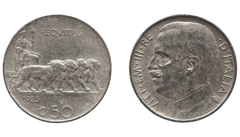 Old Italian Lira with Vittorio Emanuele III King isolated over white
