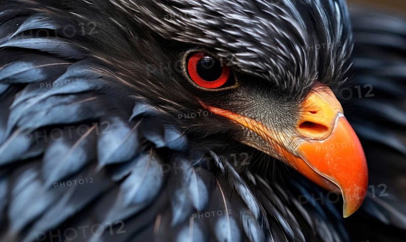 A black eagle with captivating red eyes and glossy feathers in close-up AI generated