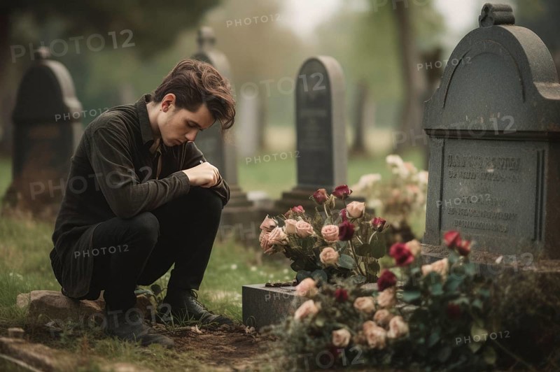 Man sitting sadly at gravestone