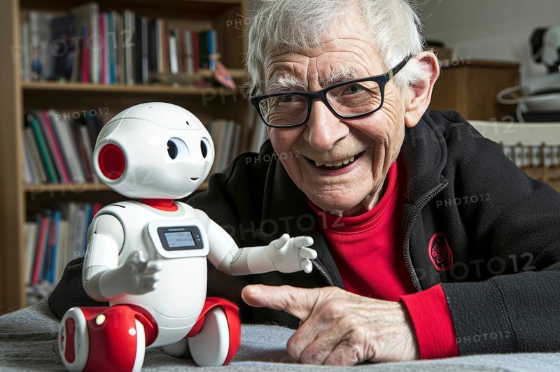 Old man having fun with a white artificial intelligence controlled care robot