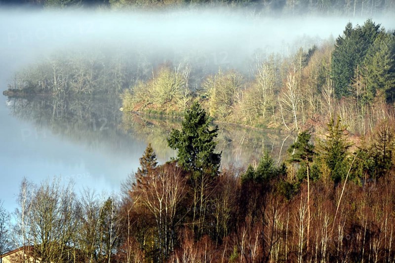 The Steinbach Dam near the national park community of Langweiler on the edge of the Hunsrueck-Hochwald National Park with fog on an early winter morning