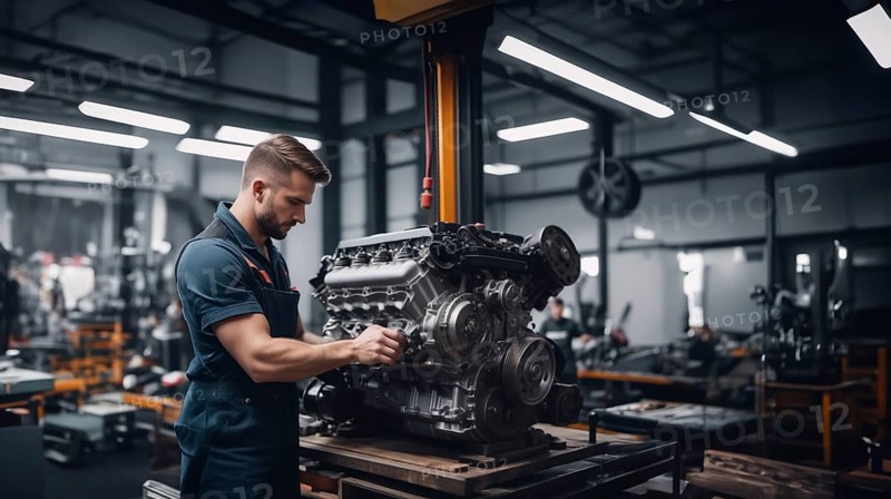 Car engine repair in a car repair shop by an auto mechanic