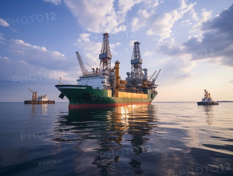 Golden sunset illuminates an offshore drilling ship with a calm surrounding sea