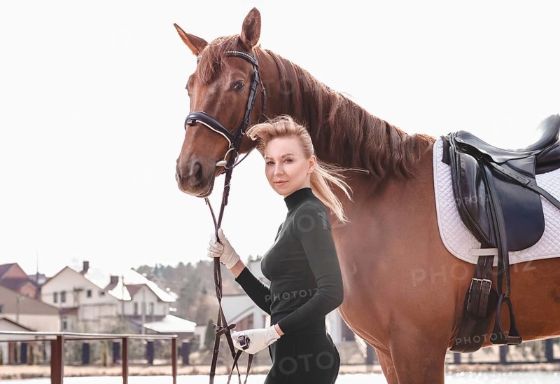 Beautiful stylish woman walking with a horse in a country club. Equestrian sport
