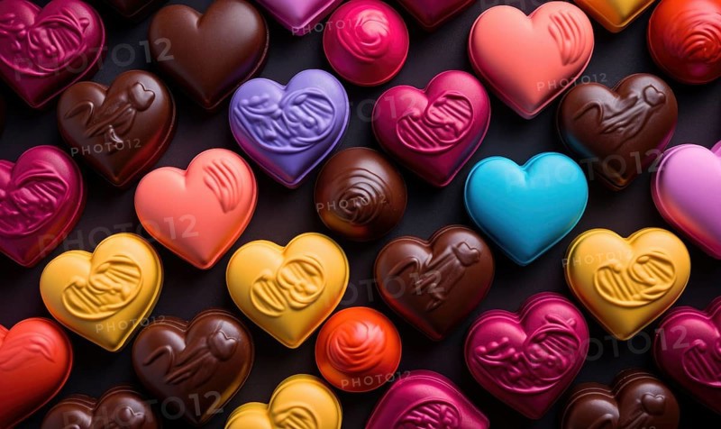 A colorful assortment of heart-shaped chocolates on a dark background AI generated