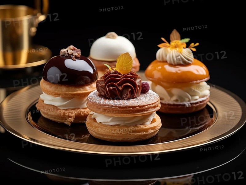 Delicious French pastry called Religieuse nicely arranged on a small plate garnished with chocolate sauce and creme. AI generated