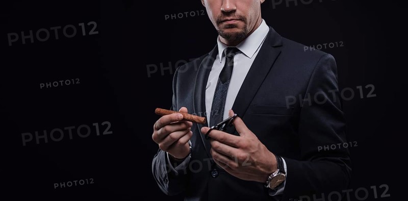 Image of an adult stylish man in a suit with a cigar. Cigar clubs concept.