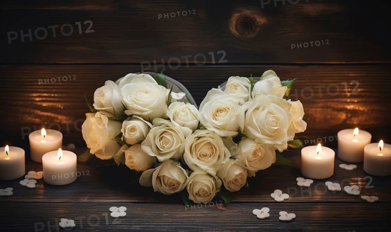 A romantic heart-shaped bouquet of white roses with candles on wood AI generated