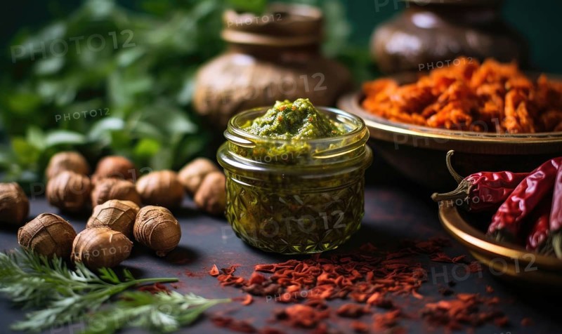 Homemade pesto sauce with ingredients on a wooden background. Selective focus AI generated