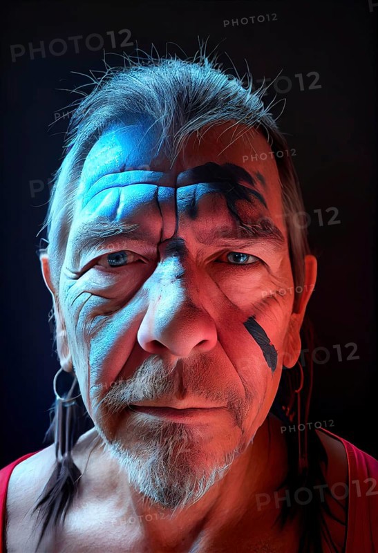 Serious Portrait of an Old Native American Warrior Chief with Tribal Panther Make-up