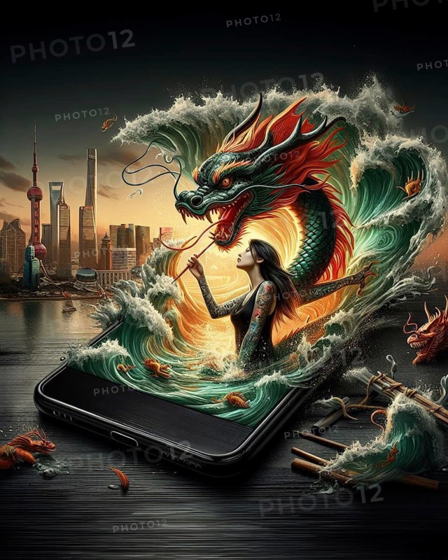Surreal artwork of a chinese dragon emerging from waves with a tradtional tattooed asian woman