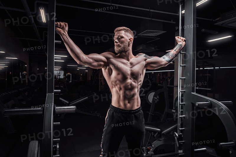 Portrait of an athlete in a special ramp in the gym. Bodybuilding and fitness concept.