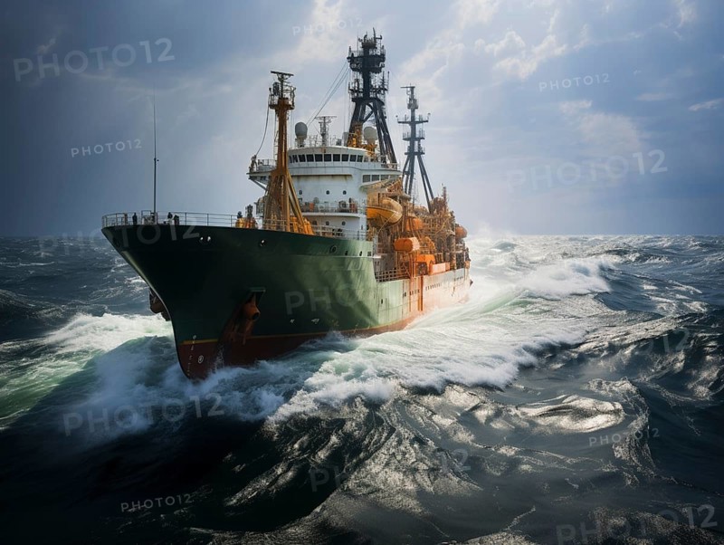Offshore drilling ship navigating through stormy seas with high waves