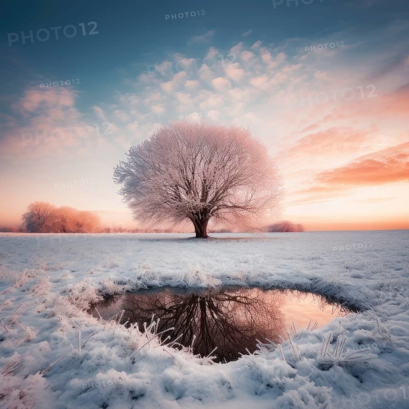 Tree with its reflection in a winter landscape at sunrise. Pink sunset on blue winter sky. Pond looks like a heart. AI generated