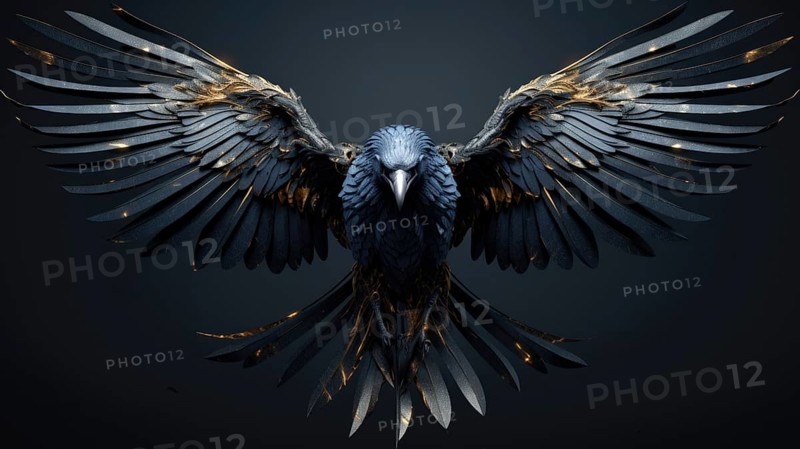 Black crow with golden wings on a dark background AI generated