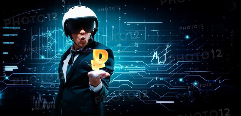 Portrait of a man in a suit and helmet. He put out a palm in which an electric charge and a ruble sign. Business concept. Stock market. Brokers and traders.