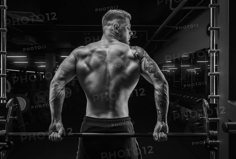 Portrait of an athlete sitting on a barbell in the gym. View from the back. Bodybuilding and fitness concept.