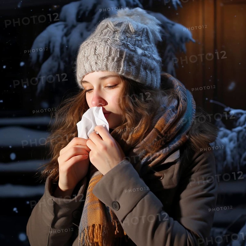 Sick female standing in a winter woodland