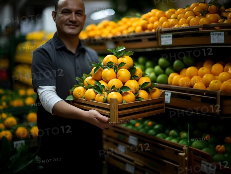 Smiling grocer presenting a basket of fresh oranges at the market