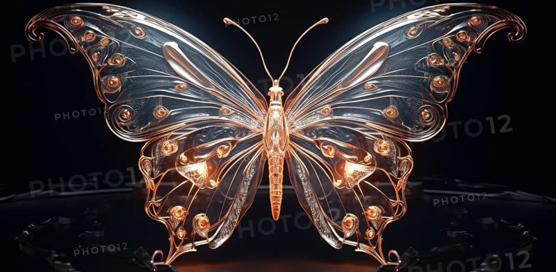 Stylized glass butterfly with glowing wings on a dark background AI generated