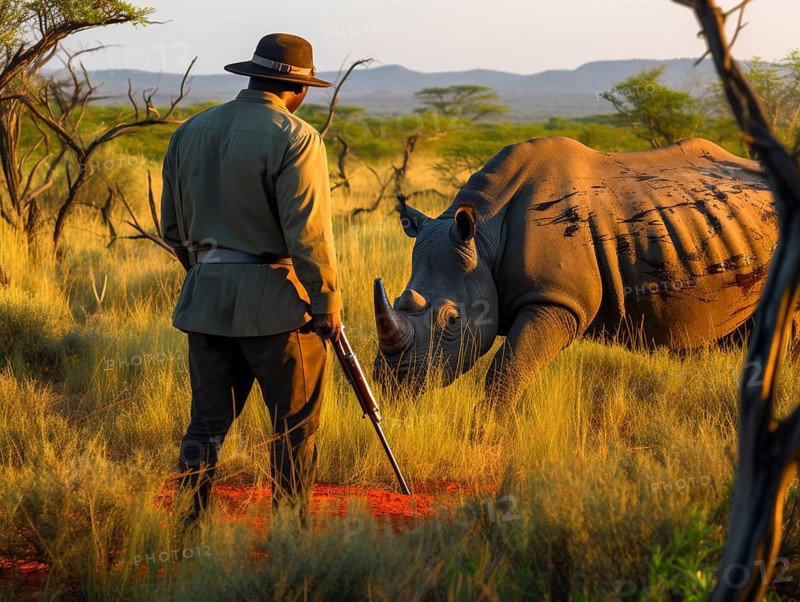 A man in hat with a rifle watching a rhinoceros in the savannah near trees