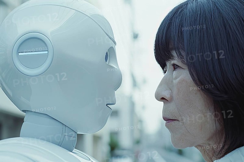 Elderly Asian woman sceptically encounters a white robot controlled by artificial intelligence