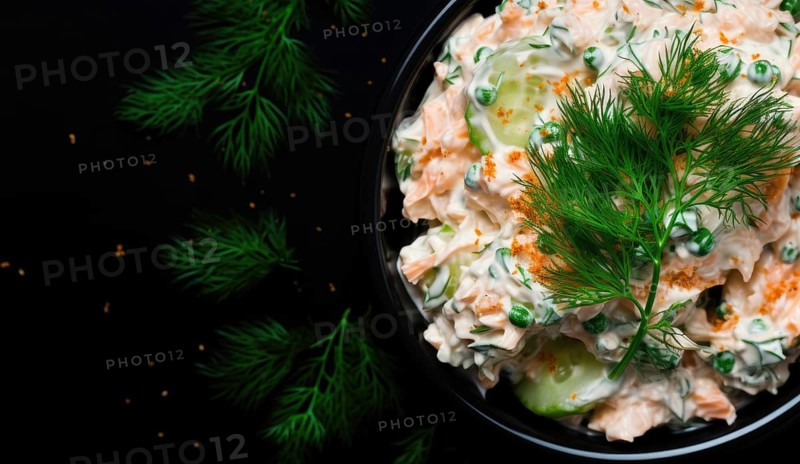 Boiled potatoes in white sauce. Traditional potato salad decorated with dill. Close-up view AI generated