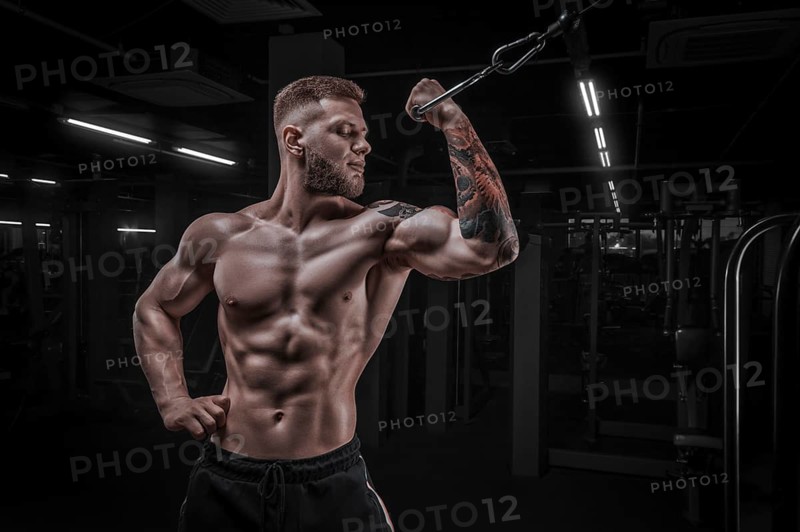 Portrait of an athlete pumping biceps in a crossover. Bodybuilding and fitness concept.