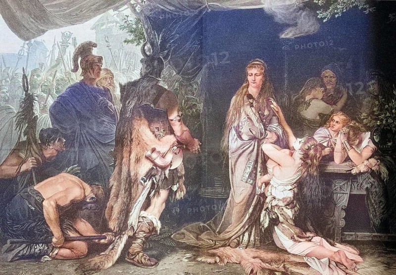 Tusnelda is handed over by her father Segest to the Roman general Germanicus